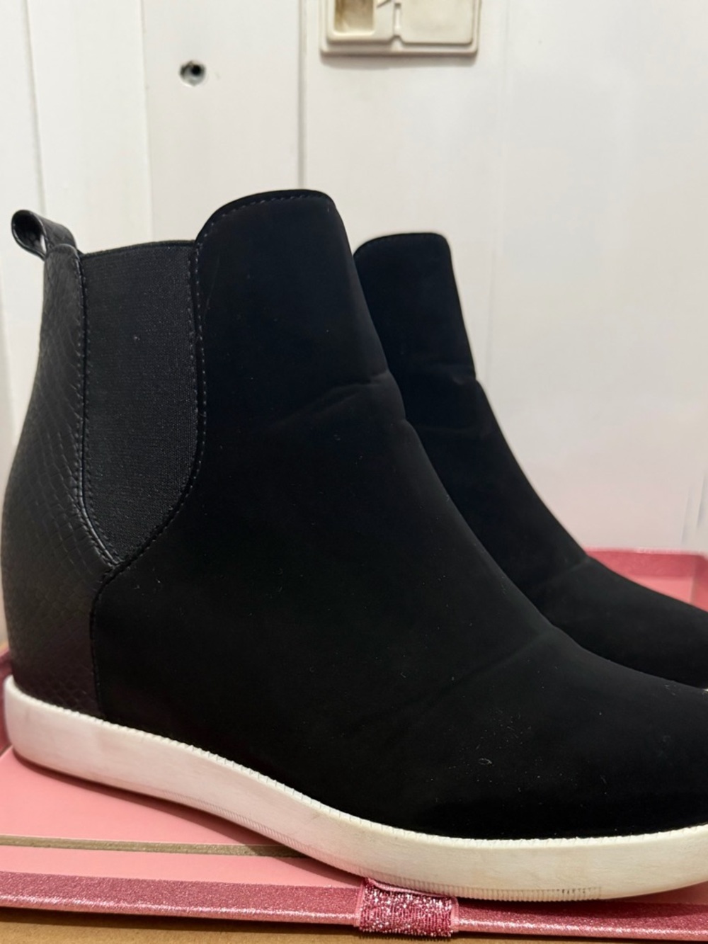 JustFab Black Slip-On Wedge Booties with White Sole